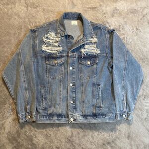 Blue Buttercup Ripped Distressed Oversized Boyfriend Denim Jacket